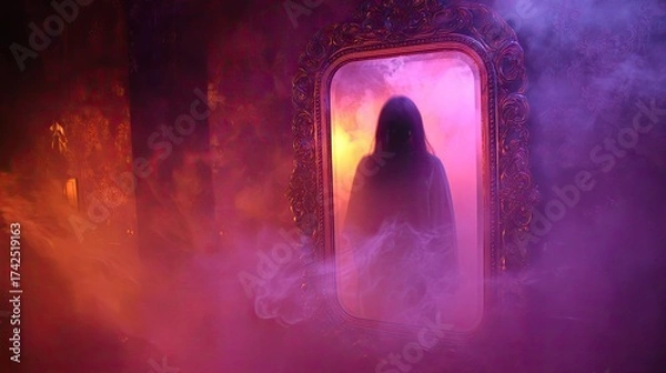 Fototapeta Mysterious Figure in Mirror Surrounded by Colorful Fog and Light