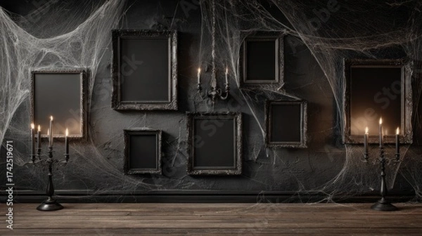Fototapeta Dark Gothic Room with Empty Frames and Candle Holders for Halloween