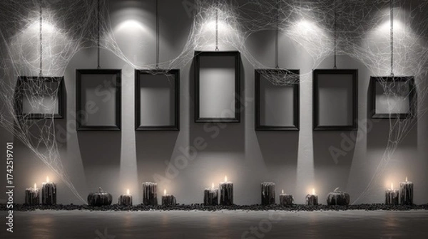 Fototapeta Empty Frames with Candles and Cobwebs for Halloween Decor Theme