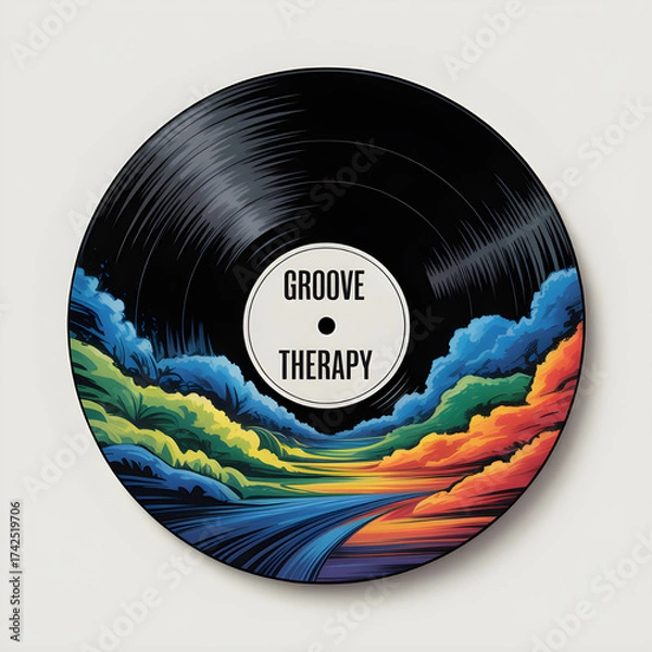Fototapeta A vinyl record offering Groove Therapy a journey through music and vivid landscapes crisp lines on a