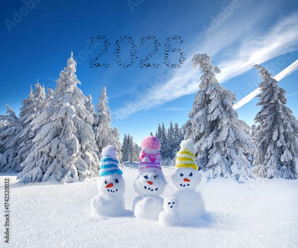 Fototapeta a group of whimsical snowman in the winter landscape with flying birds in shape of 2026 the new year