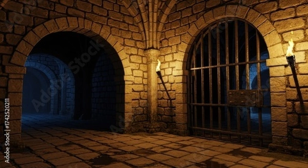 Obraz Dark Medieval Stone Dungeon with Torches and Iron Gate Under Dim Lighting