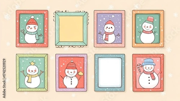 Fototapeta Cute Snowman Illustrations in Colorful Frames for Winter Themes