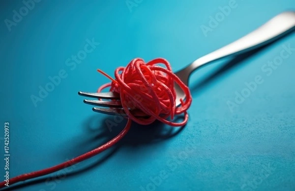 Fototapeta Red tangled headphone cord like spaghetti on shiny metal fork. Blue background creates bright contrast. Shows tech addiction digital consumption concept. Blends food, modern device accessory. Visual