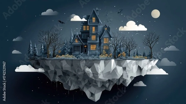 Fototapeta Dark Fantasy House on Floating Island with Spooky Atmosphere