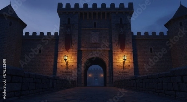 Obraz Historic Castle Entrance Illuminated at Night with Stone Walls and Towered Gates