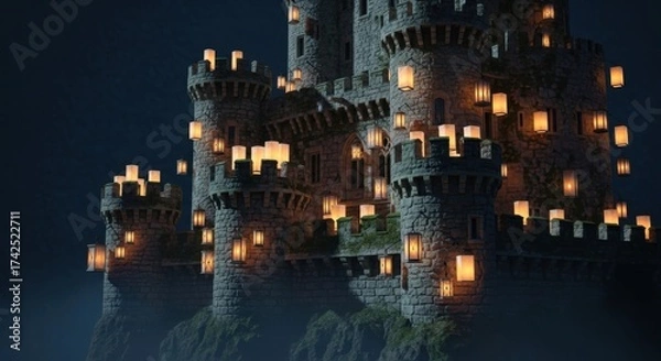 Obraz Medieval Castle at Night Illuminated by Lanterns with Stone Walls and Towers