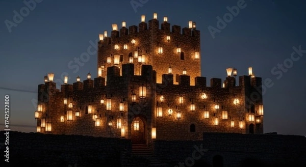 Obraz Medieval Castle at Night Illuminated by Thousands of Lanterns with Dark Sky