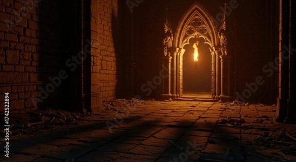 Obraz Ancient Gothic Stone Corridor with Fiery Torchlit Archway in Dimly Lit Dungeon