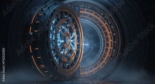 Obraz Futuristic Space Station Inner Circular Corridor with Metallic Doors and Neon Lighting