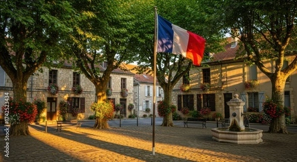 Obraz French Village Square with Flag and Flowering Trees in Sunset Light