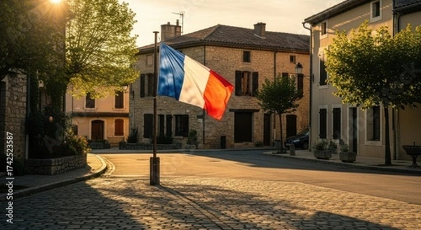 Obraz French Flag Flying on Lamp Post in Quiet Village Square During Sunset