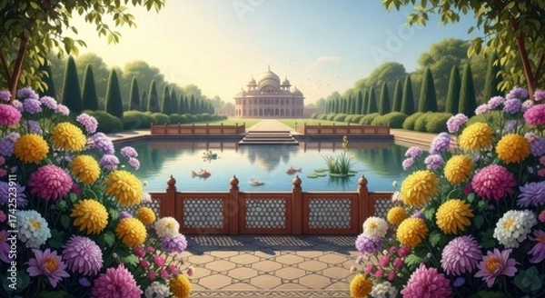 Obraz Serene Palace Garden with Reflecting Pool and Colorful Flower Borders in Bright Sunlight
