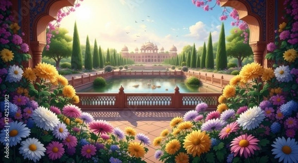 Obraz Elegant Palace Garden with Colorful Flowers and Serene Water Fountain in Bright Sunny Day