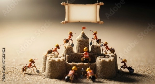 Obraz Miniature Toy Ants Building Sandcastle with Flag and Construction Workers on Beach