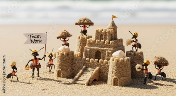 Obraz Sandcastle Created by Toy Ants with Construction Helmets and Flag on Beach