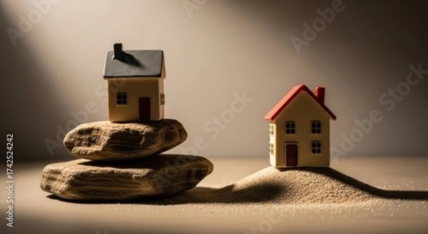 Obraz Miniature House Models on Sand and Rocks Scene with Dramatic Lighting for Real Estate or Home Decor Concept