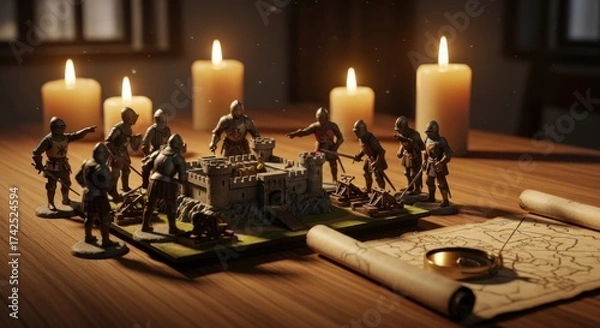 Obraz Miniature Medieval Castle Scene with Soldiers and Candles for Historical Strategy and War Game Enthusiasts