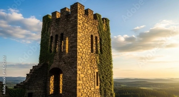 Obraz Ancient Stone Tower Covered in Green Vines Under Sunset Sky