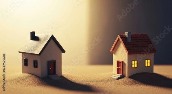 Obraz Miniature House Models with Warm and Cool Lighting in Creative Home Decor Display