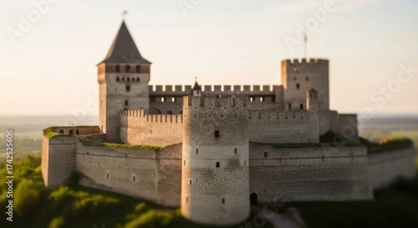 Obraz Medieval Stone Castle Fortress with Tall Towers and Defensive Walls at Sunset