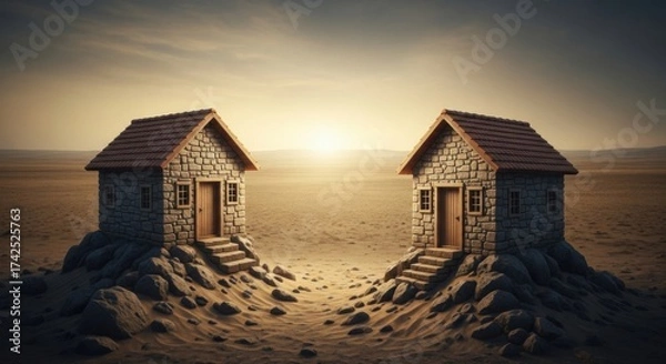 Obraz Two Small Stone Houses with Red Tile Roofs on Rocky Desert Landscape at Sunset
