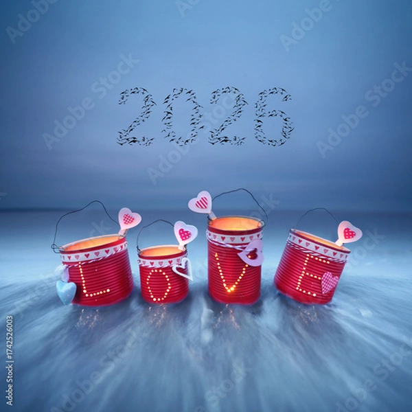 Fototapeta red LOVE Lanterns Crafted from Tin Cans on the beach for new year 2026 from flying birds in the sky