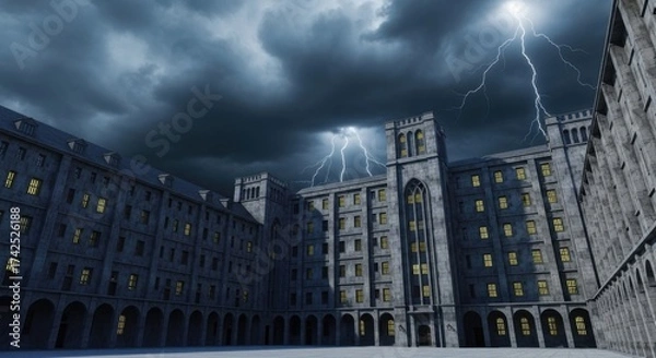 Obraz Dark Stormy Sky Lightning Striking Over Old Gothic Building Courtyard