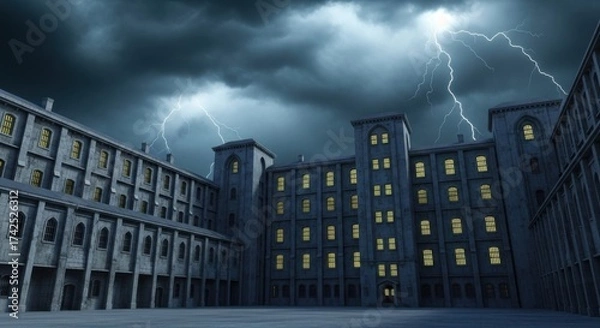 Obraz Dark Gothic Building Under Stormy Sky with Lightning Bolts