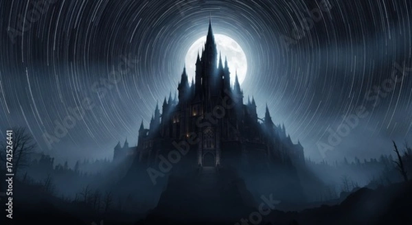 Obraz Dark Fantasy Castle Under Full Moon Surrounded by Star Trails at Night
