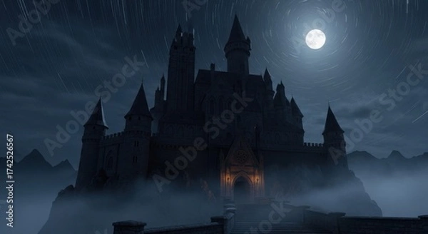 Obraz Dark Castle Under Full Moon Surrounded by Mist and Mountain Range in Night Scene