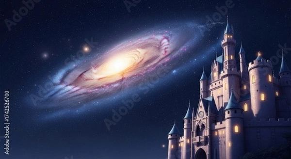 Obraz Magical Castle Brightly Lit Under Starry Night Sky with Spiral Galaxy in Background