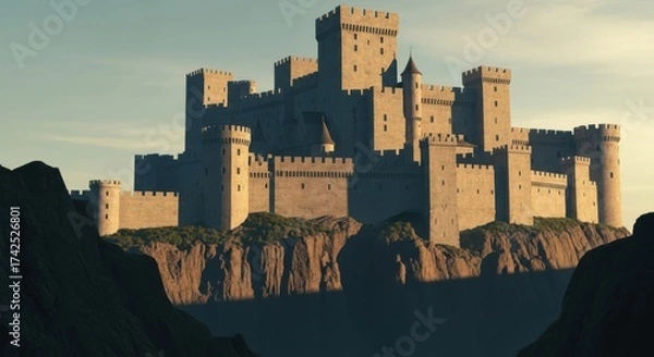 Obraz Medieval Castle on Cliffs Under Soft Sunset Light in Dramatic Landscape