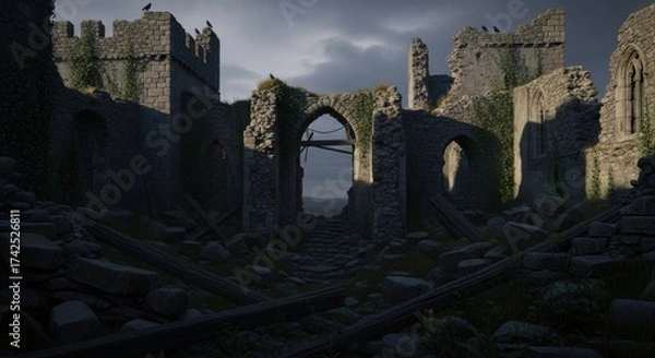 Obraz Ancient Ruins with Stone Archway and Overcast Sky