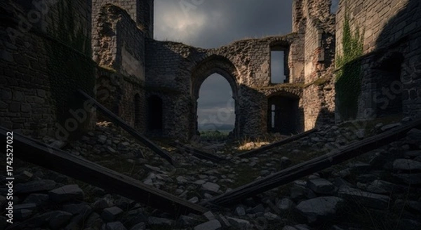 Obraz Ancient Ruins of a Stone Castle with Arched Windows and Overgrown Walls Under Dark Cloudy Sky