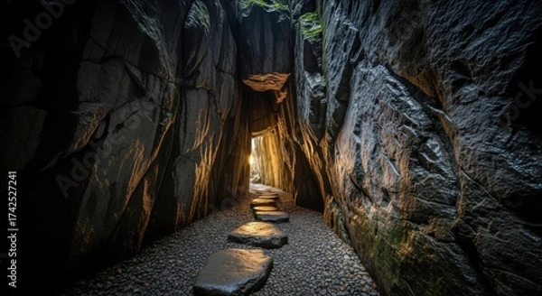 Obraz Natural Cave Passage with Stepping Stones and Warm Light at End