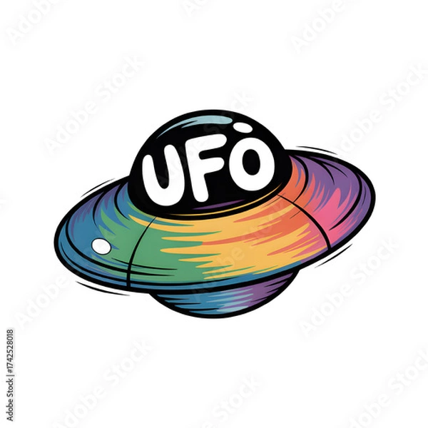 Fototapeta A vibrant multicolored UFO soaring through space with a playful cartoonish style with bold black