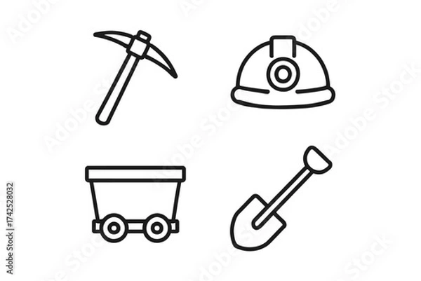 Fototapeta Mining tools icon set: pickaxe, hard hat, minecart, shovel illustrations