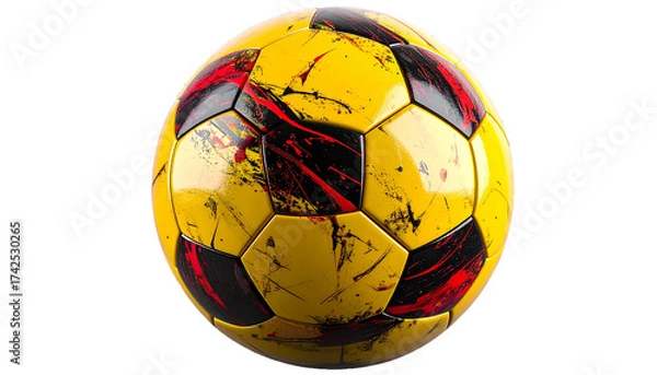 Fototapeta Realistic photograph of a yellow soccer ball with red and black abstract paint splatter pattern, isolated on transparent background, professional studio lighting, smooth glossy surface with visible te