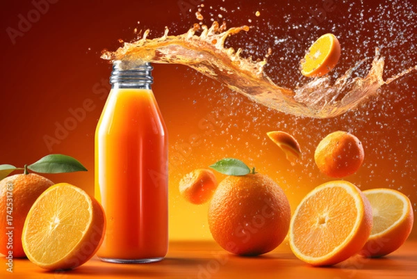 Fototapeta Citrus Burst: A vibrant scene showcasing fresh orange juice splashing out of a bottle, surrounded by halved oranges, conveying freshness and refreshment.