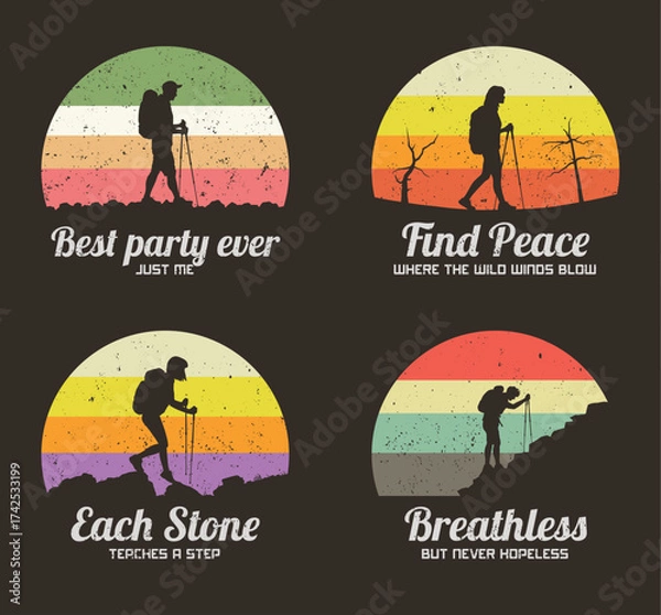 Obraz Hiking with trekking poles. People at mountains. Retro 60s label set