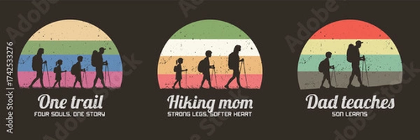 Obraz Family travel. Parents and children and trekking poles. 60s label set