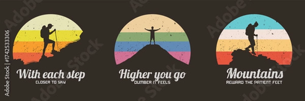 Obraz Climb with trekking poles. Man walk on rocky mountain. 60s label set