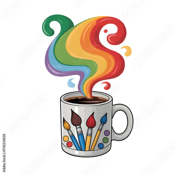 Obraz A creative artist s coffee break featuring rainbow colored inspiration steaming from a paintbrush