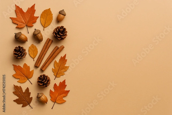 Fototapeta Flat Lay Autumn Background with Leaves, Acorns, Pine Cones, and Cinnamon on Beige