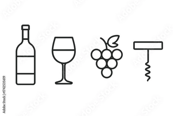 Fototapeta Simple line icons of wine bottle, glass, grapes, and corkscrew
