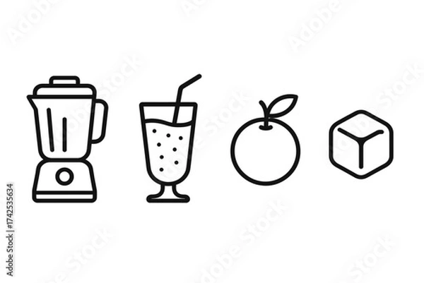 Fototapeta Blender and ingredients: orange juice making process with ice cube outline