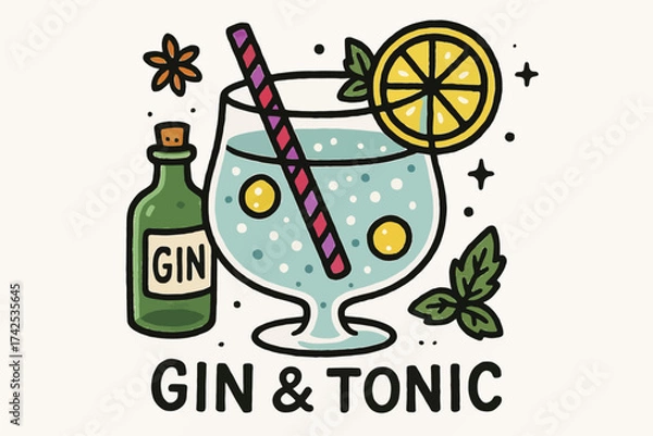 Fototapeta Vibrant gin and tonic drink with lemon slice and straw illustration
