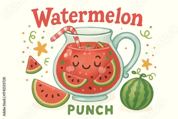 Fototapeta Watermelon punch illustration with smiling pitcher and fresh slices