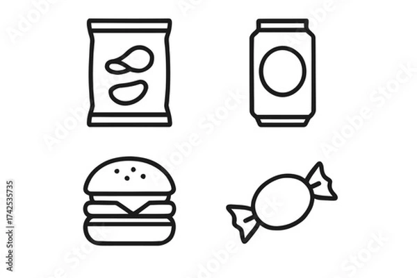 Fototapeta Snack icons set: chips, soda can, burger, candy in simple line art style